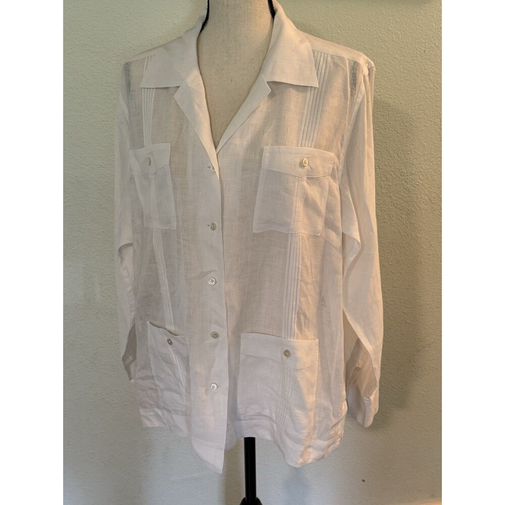 Tommy Bahama Women's Long Sleeve Button-Up 100% Linen white Guayabera shirt Sz M